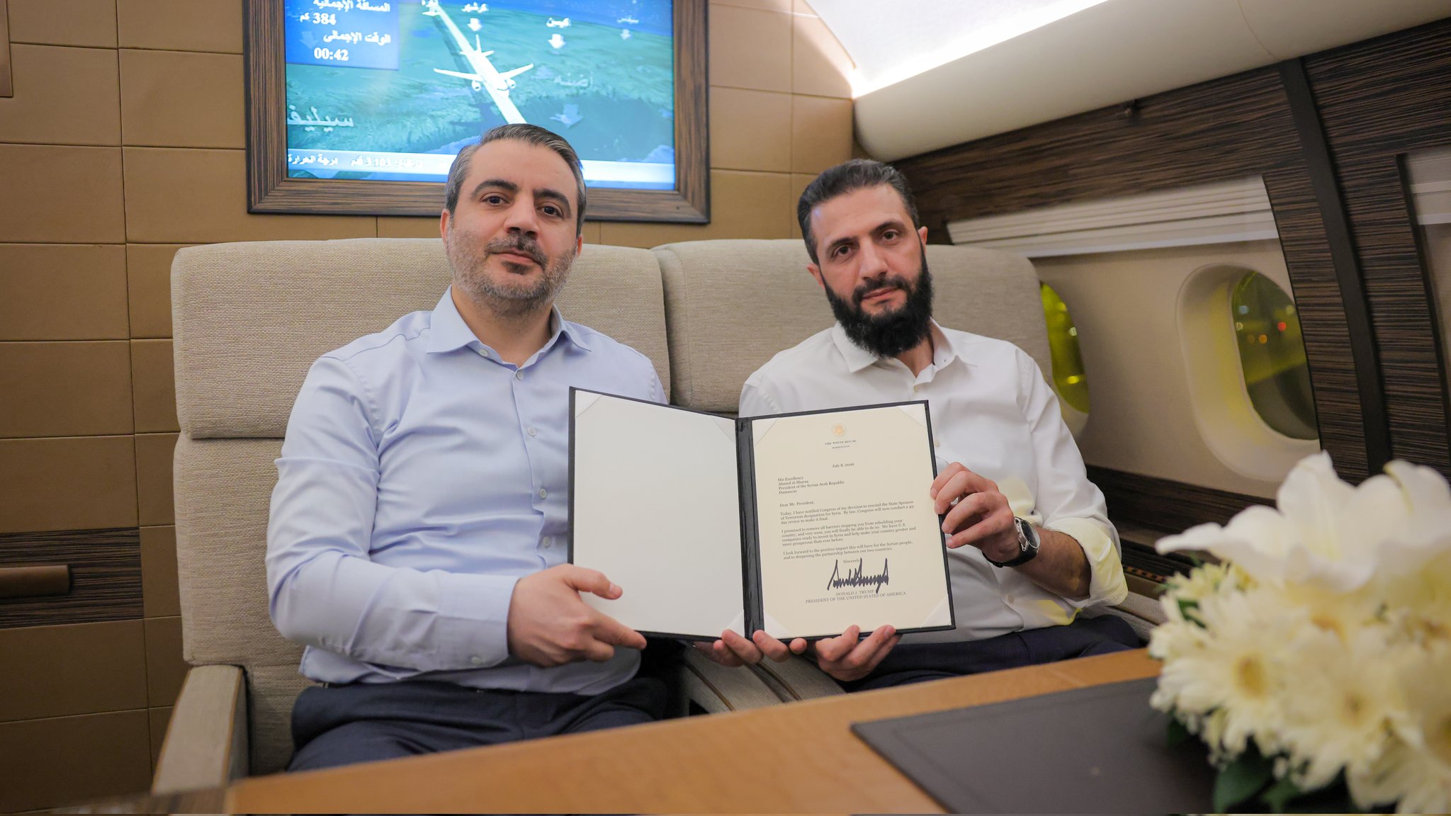 President Sharaa and Foreign Minister al-Shaibani celebrate the decision to remove Syria from the list of state sponsors of terrorism (Asaad al-Shaibani/X)